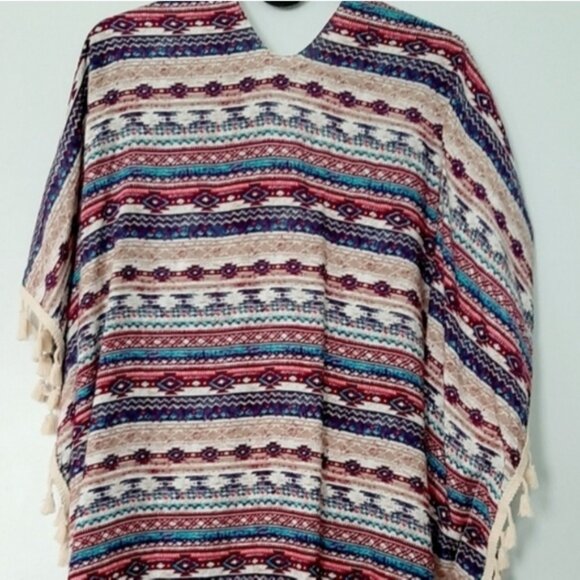 KISMET Light Boho Colorful Patterned Kimono Poncho Fringe Trim Southwestern OS - Picture 8 of 13